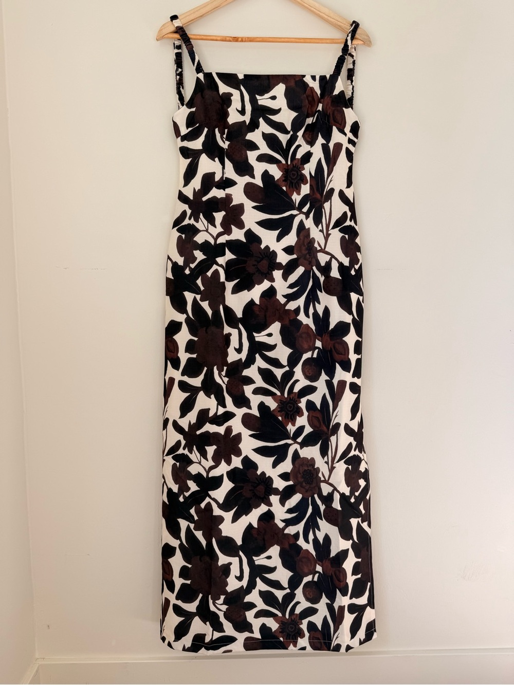 Commense Brown Floral Square-Neck Midi Dress on Cream NWT - Picture 2 of 6